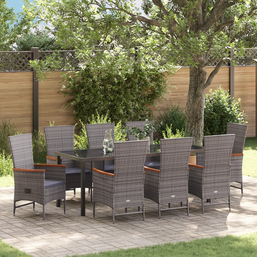 vidaXL Conjunto de Jantar Garden 9 Peças com Almofadas Cinza Rattan PE