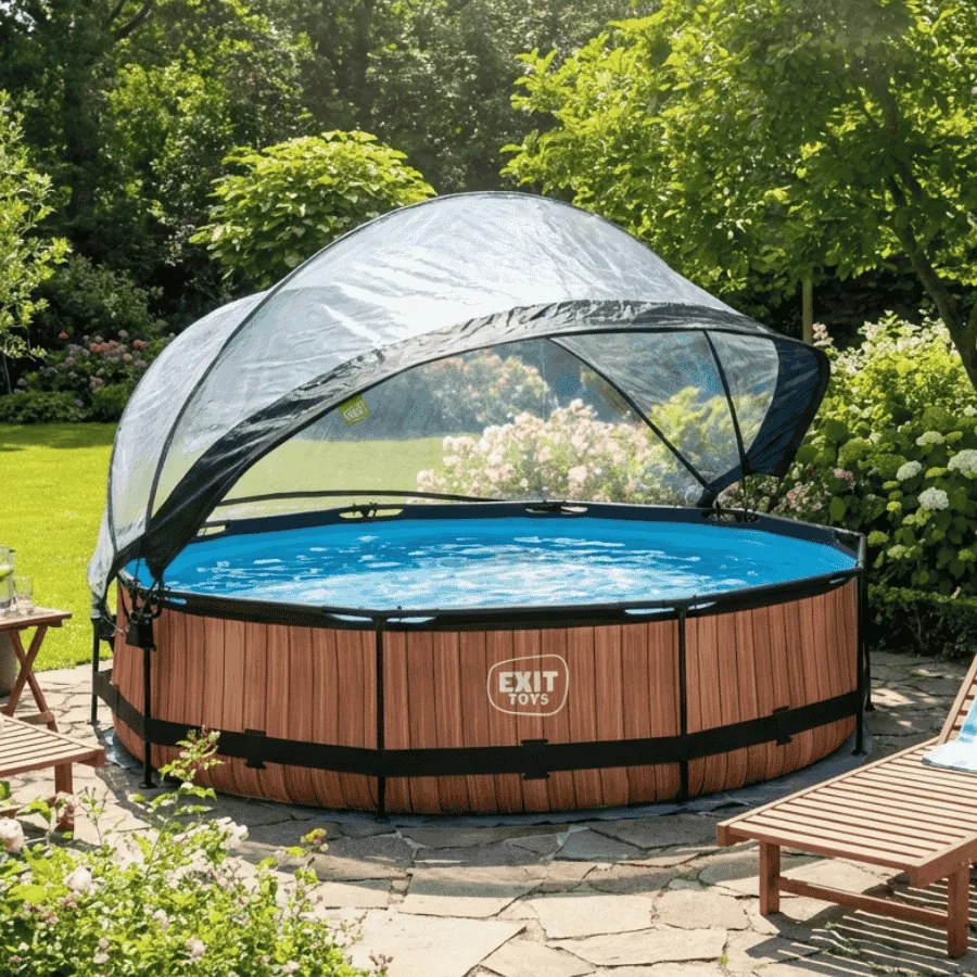 Piscina redonda Wood ø360x76cm com bomba de filtragem e cobertura - Castanha