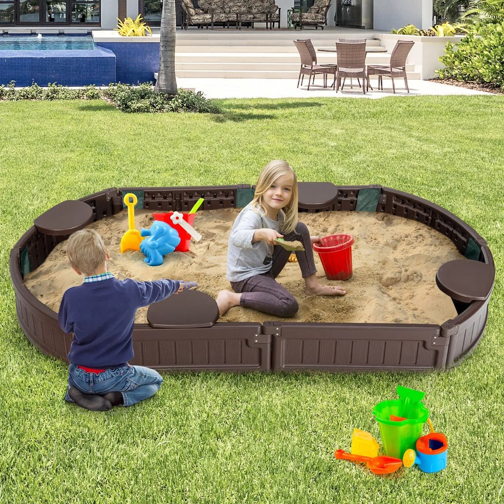 Caixa de areia infantil 183 cm para 4 crianças Kit caixa de areia ao ar livre com assentos à prova d'água para varanda e praia castanho