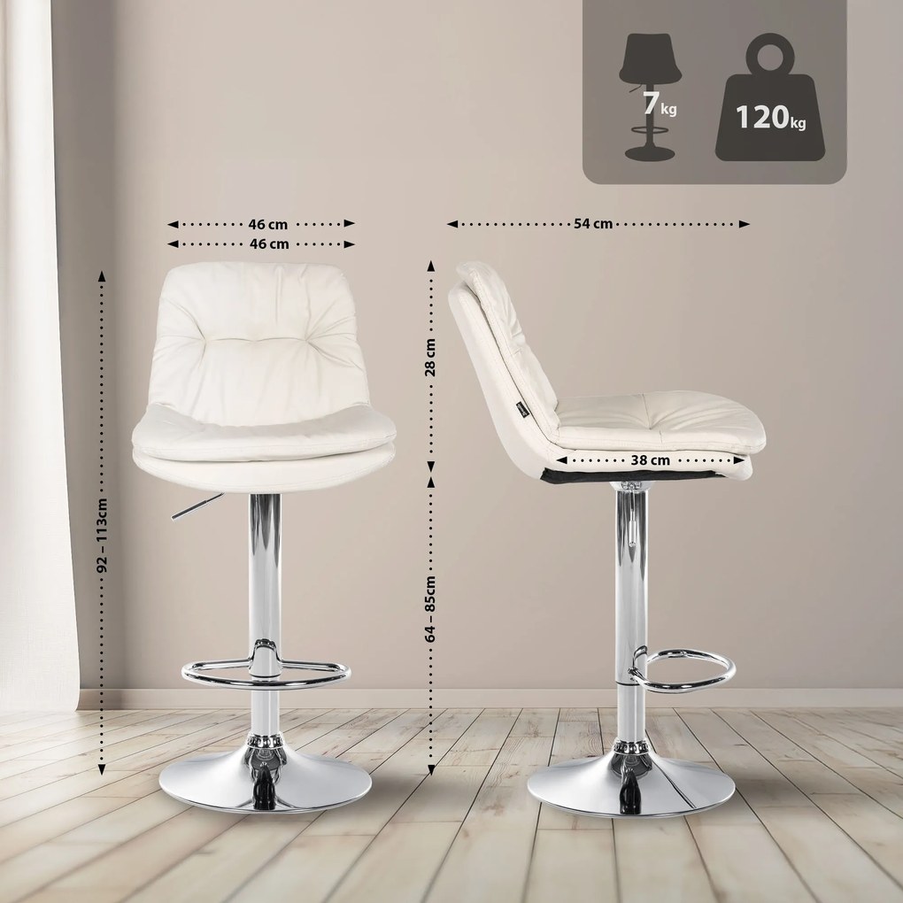 Banco de bar em couro sintético com estrutura prateada 92-113 x 46 x 54 cm branco