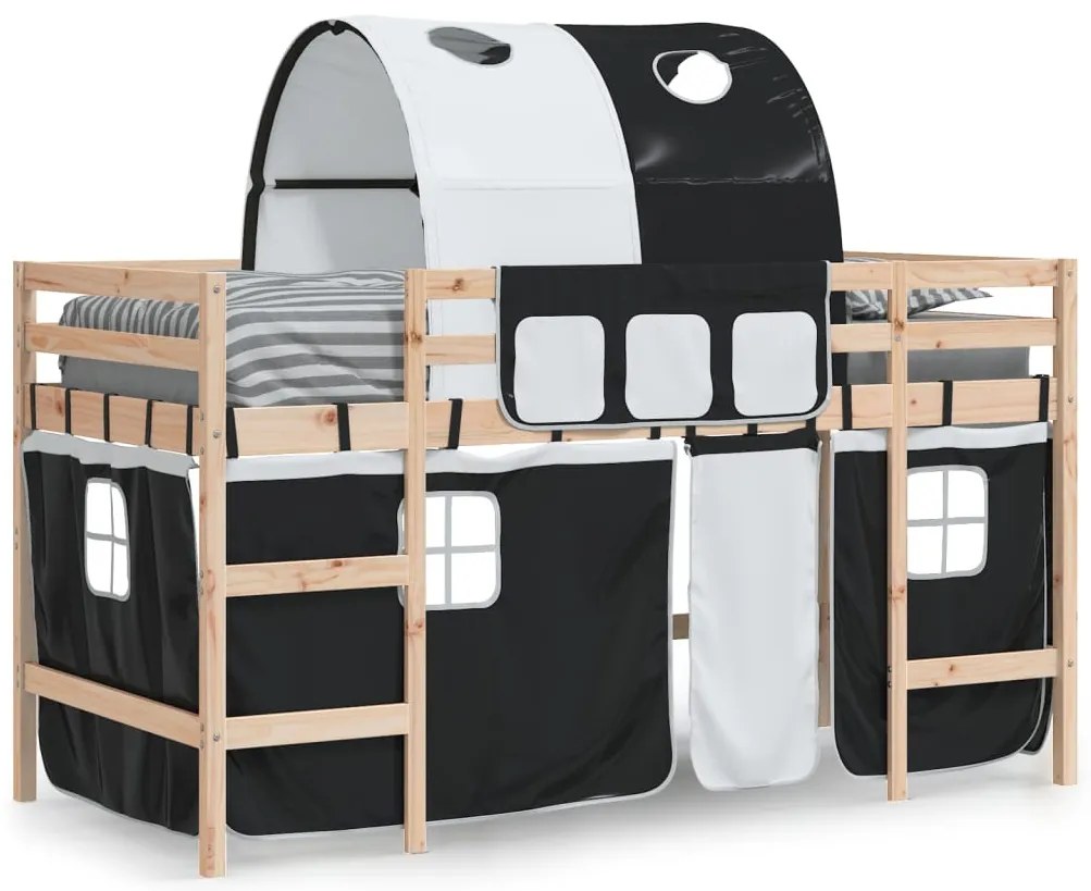 Cama alta criança c/ túnel 90x190 cm pinho maciço branco/preto