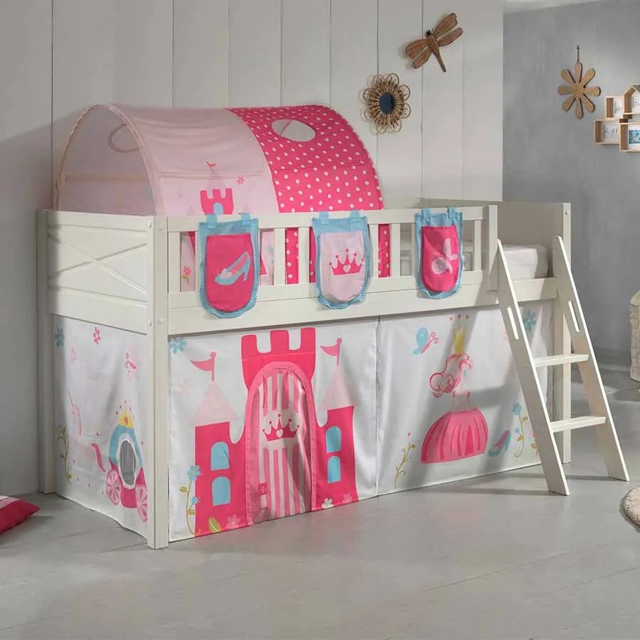 Conjunto cama alta Infantil SCOTT + cortina de brincar PRINCESAS + Túnel + 3 bolsos de arrumação Branca
