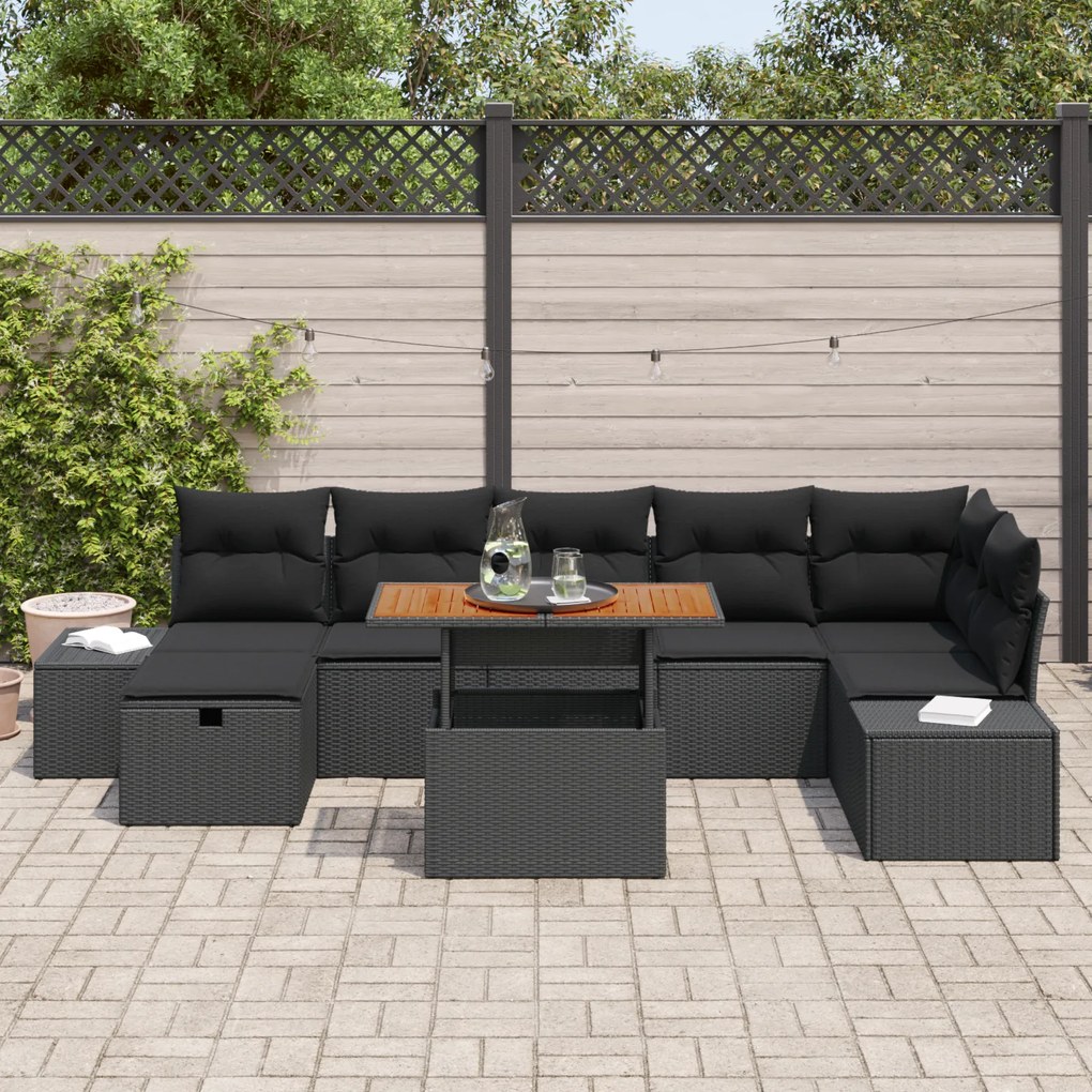 Conjunto de Sofá de Jardim 8 Peças com Almofadas Preto Rattan Poliéste