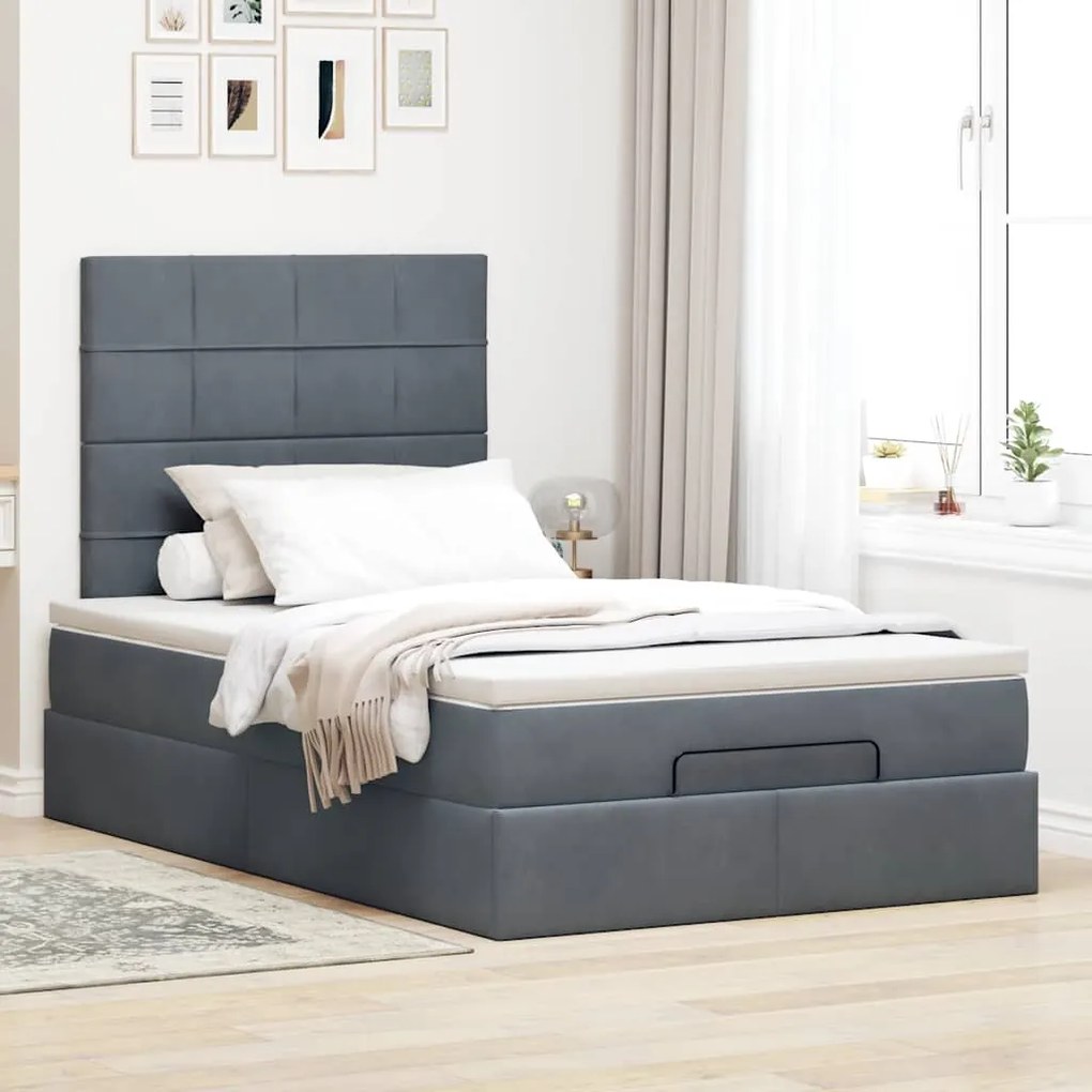 Estrutura de cama otomana com colchões cinza escuro veludo