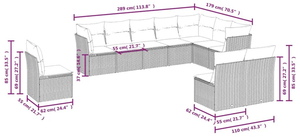 10 pcs conjunto de sofás p/ jardim com almofadões vime PE bege