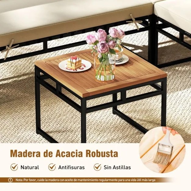 Conjunto jardim de 6 peças para exterior com móveis de metal e madeira de acácia, almofadas e mesa de café para jardim ou piscina, bege