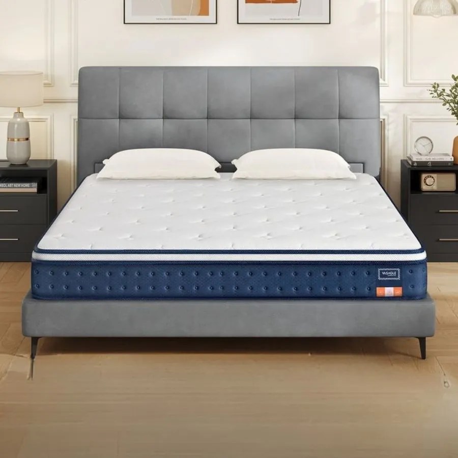Colchão de molas ensacadas 200 x 160 x 20 cm com espuma viscoelástica de gel e conforto Azul