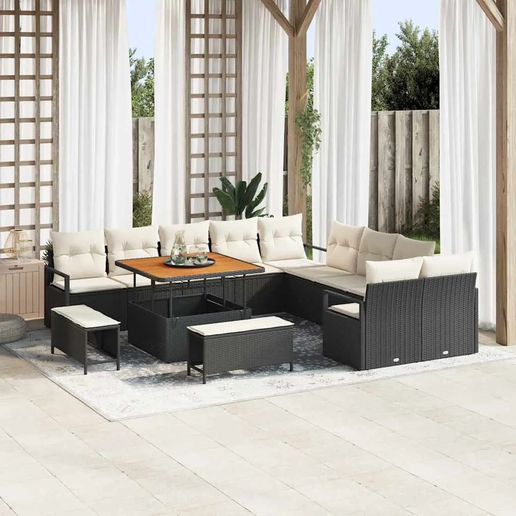 Conjunto de Sofá de Jardim 13 Peças com Almofadas Preto Rattan Poliléc