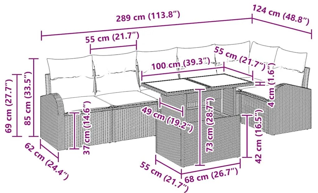 Conjunto de Sofás para Jardim com 7 Peças e Almofadas Cinzas em Rattan