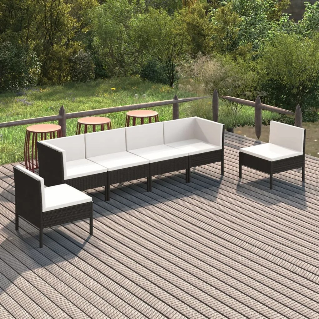 vidaXL 6 pcs conjunto lounge de jardim c/ almofadões vime PE preto
