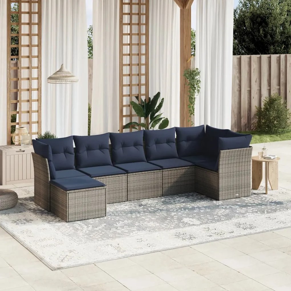 vidaXL 7 pcs conjunto sofás p/ jardim c/ almofadões vime PE cinzento