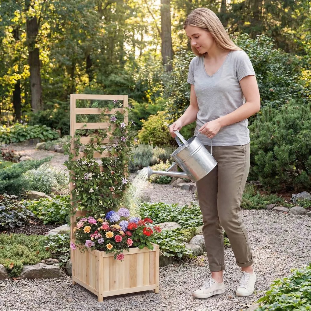 Floreira de jardim elevada de madeira com treliça 42,5 x 40,5 x 123 cm Vaso elevado com orifícios de drenagem e espaços para plantas trepadeiras Flore
