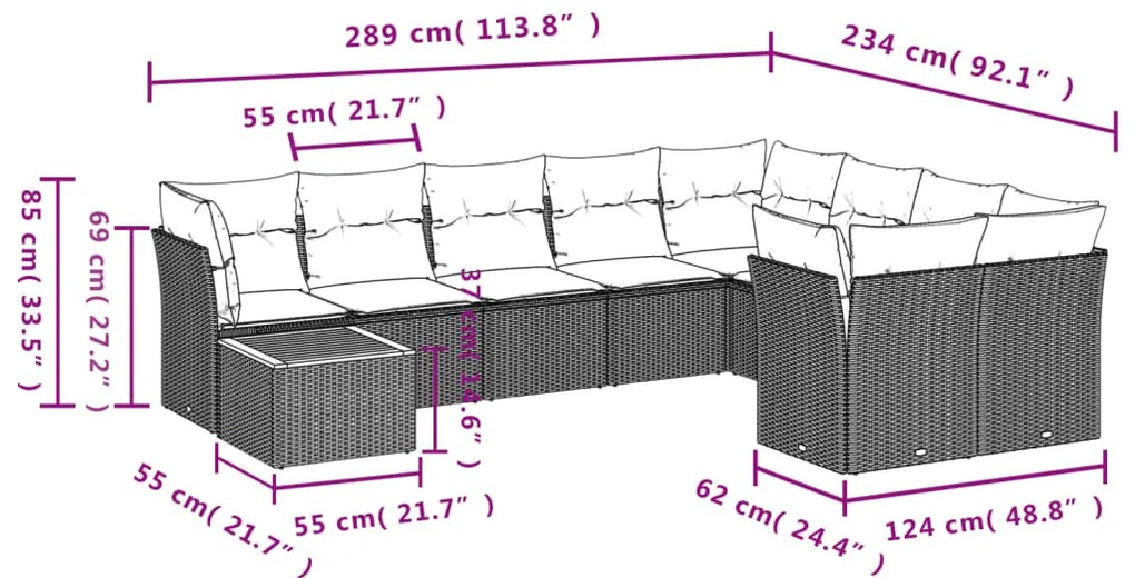 10 pcs conj. sofás jardim c/ almofadões vime PE bege misturado