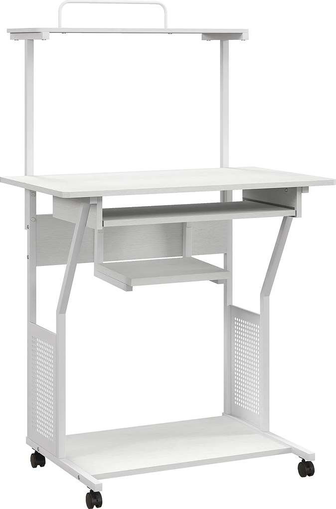 HOMCOM Mesa para computador com rodízios e prateleiras de armazenamento, estação de trabalho com bandeja para teclado, 80x50x130cm, branco | Aosom Portugal