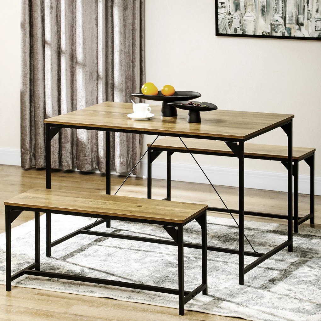 Conjunto de mesa de jantar e 2 bancos com estrutura em aço para 4 pessoas, para cozinha, sala de jantar e sala de estar, em tons naturais e pretos