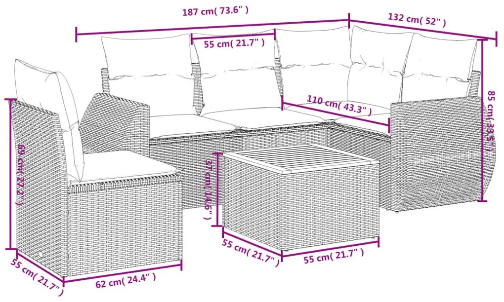 6 pcs conjunto de sofás p/ jardim com almofadões vime PE bege