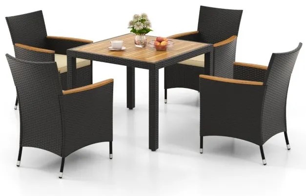 Conjunto de jantar de Jardim de 5 peças para 4 pessoas Conjunto de rattan com orifício para guarda-sol, almofadas e superfície em acácia Preto