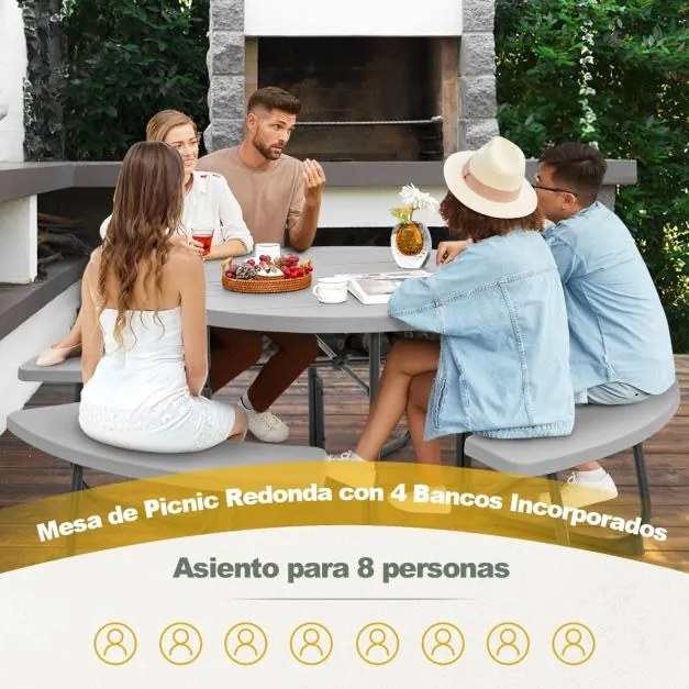 Conjunto de jardim para 8 pessoas com mesa e 4 bancos, orifício para guarda-sol e mesa de campismo redonda para piquenique no jardim Carga 225 kg Cinz