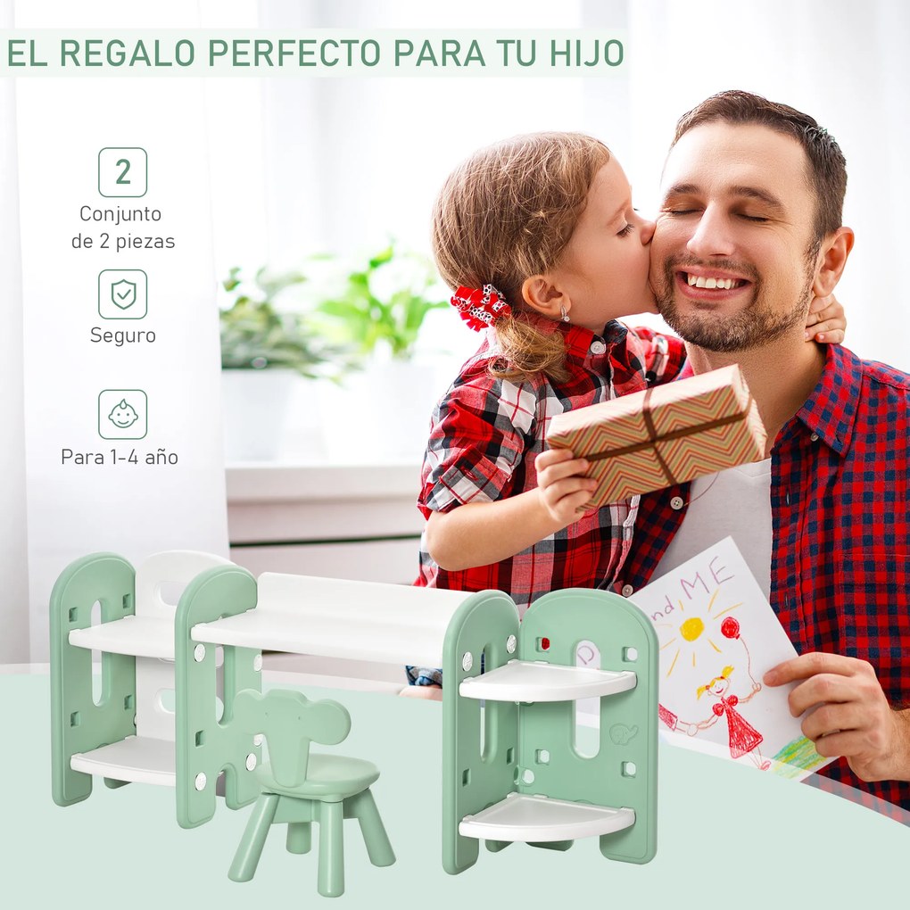HOMCOM Conjunto de Mesa e Cadeira Infantil 2 em 1 com Prateleira Conjunto de Mesa e Cadeira para Crianças com 4 Prateleiras de Armazenamento para Livros Brinquedo 150x35x62,5cm Verde e Branco