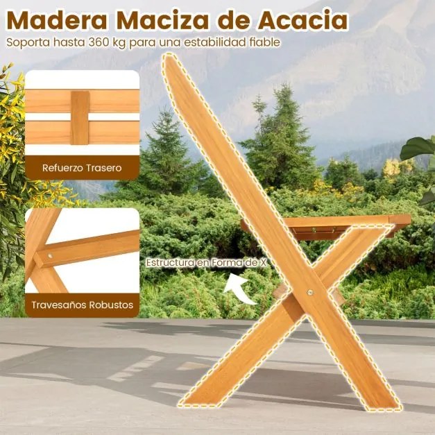 Banco jardim dobrável para exterior 56 x 105 x 80 cm em madeira de acácia para 2 pessoas, capacidade de 360 kg, para varanda, terraço, jardim ou parqu