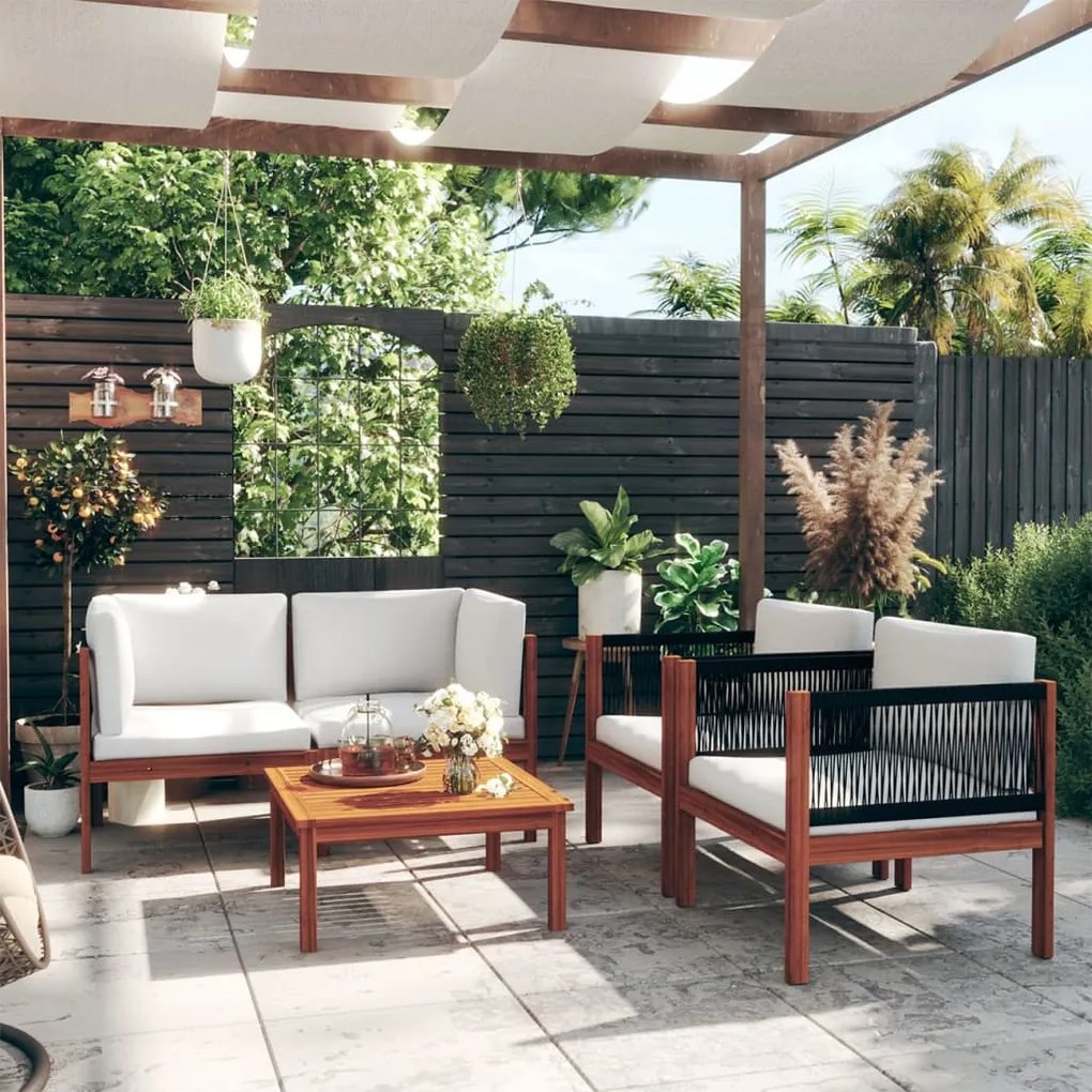 vidaXL 5 pcs conjunto lounge jardim c/ almofadões acácia maciça creme