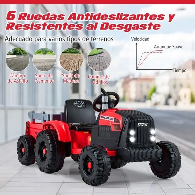 Trator elétrico de 24 V para crianças com reboque removível Controlo remoto Música Porta USB Luzes LED vermelho