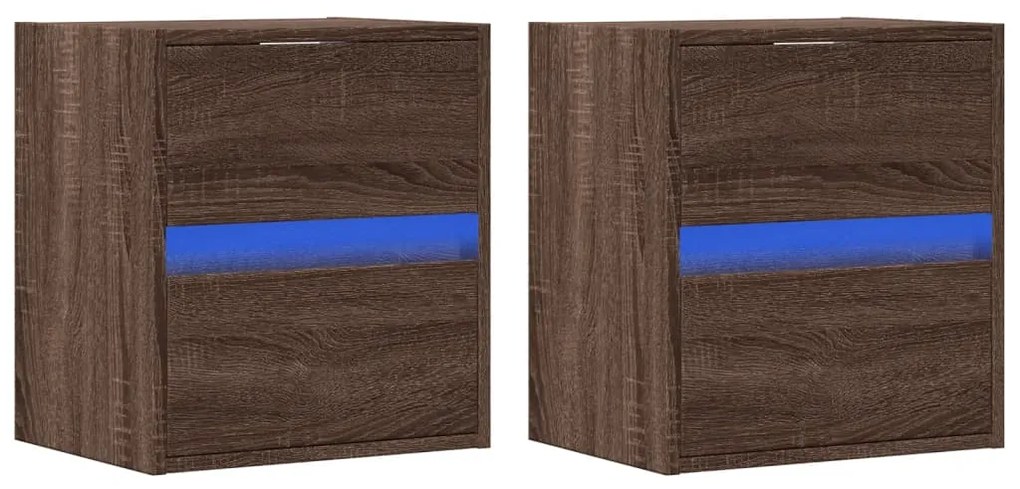 Mesas cabeceira de parede c/ luzes LED 2 pcs carvalho castanho