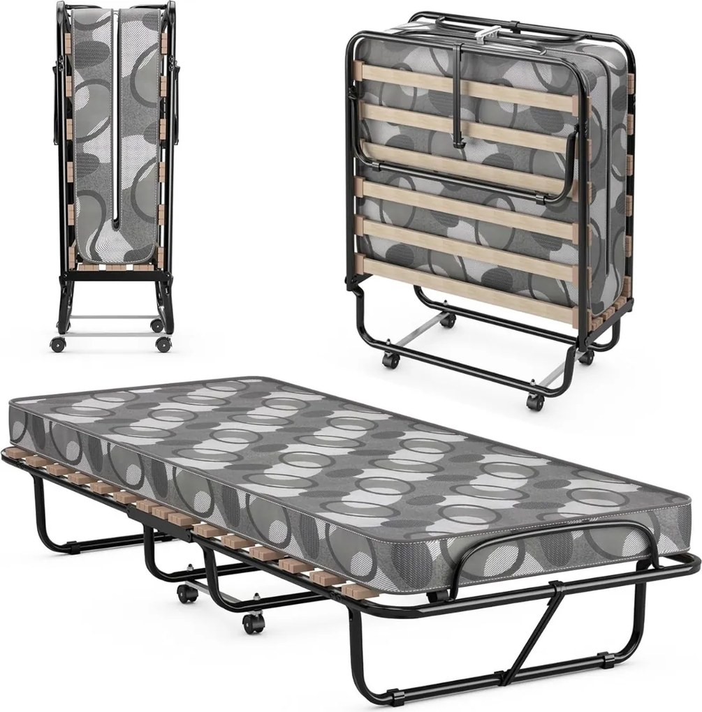 Cama dobrável individual com colchão 80 x 190 cm, estrutura metálica e 4 rodas, capacidade de carga de 130 kg para hóspedes, cinza