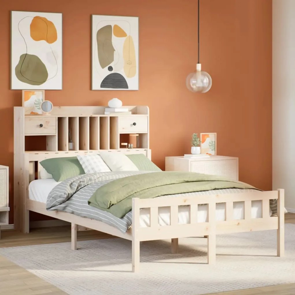 vidaXL Cama com estante sem colchão 120x190 cm pinho maciço
