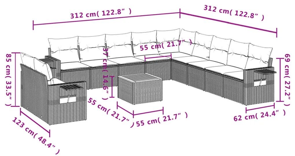 12 pcs conjunto de sofás de jardim c/ almofadões vime PE preto