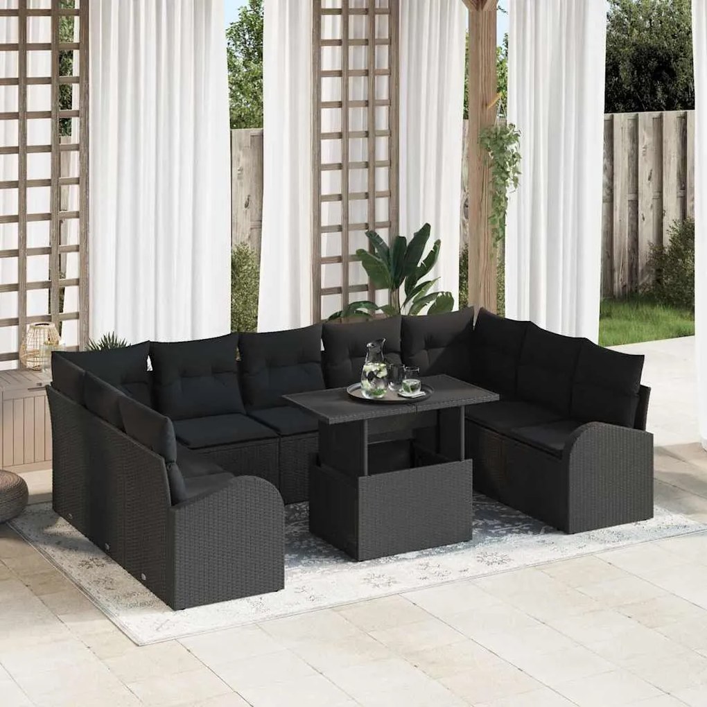 vidaXL Conjunto de Sofá de Jardim com travesseiro 10 pcs Preto vime PE