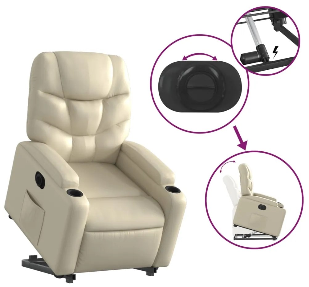 Poltrona reclinável elevatória elétrica couro artificial creme
