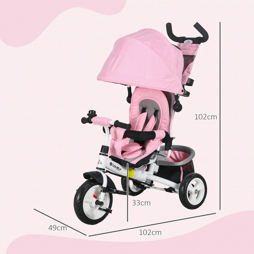 Triciclo para Bebés Evolutivo com Capota Dobrável Guiador Telescópico e Removível Bolsa e Porta-Garrafas 102x49x102 cm Rosa