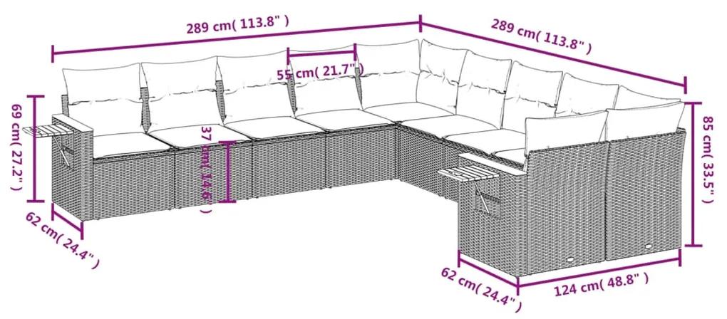 10 pcs conjunto sofás de jardim c/ almofadões vime PE cinzento