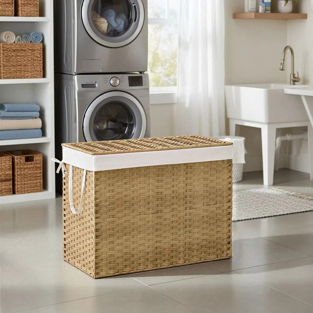 Cesto da roupa suja 86 x 40 x 61 cm em Rattan sintético com 3 compartimentos, cor natural