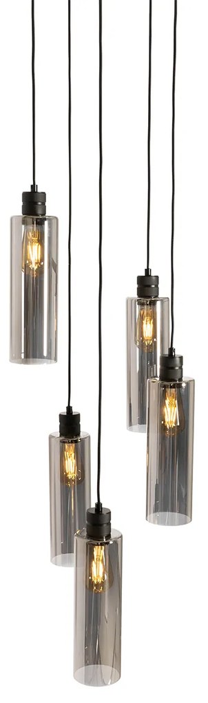 Candeeiro de suspensão moderno preto com vidro fumê 5 luzes - Stavelot