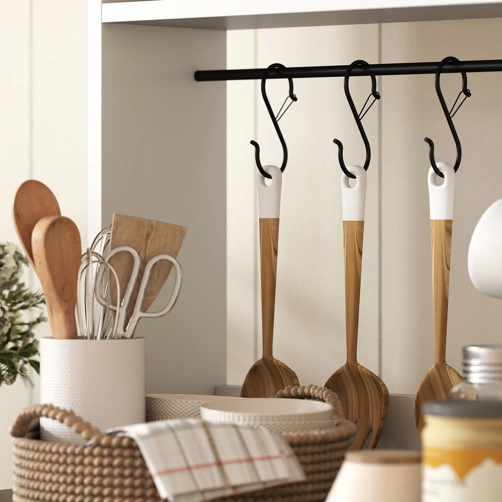 Armário de Cozinha Alto Móvel Auxiliar de Cozinha com 6 Ganchos para Chávenas 2 Portas de Vidro Prateleiras Abertas  80x40x152 cm Branco