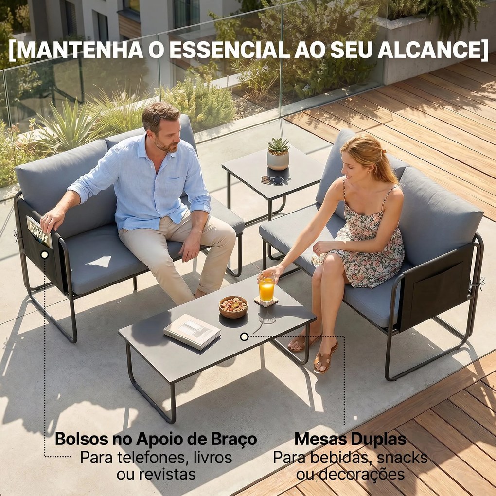 Conjunto de Jardim de 4 peças Móveis de Exterior com 2 Sofás de 2 Lugares 2 Mesas de Vidro Almofadas Capas Removíveis Cinza