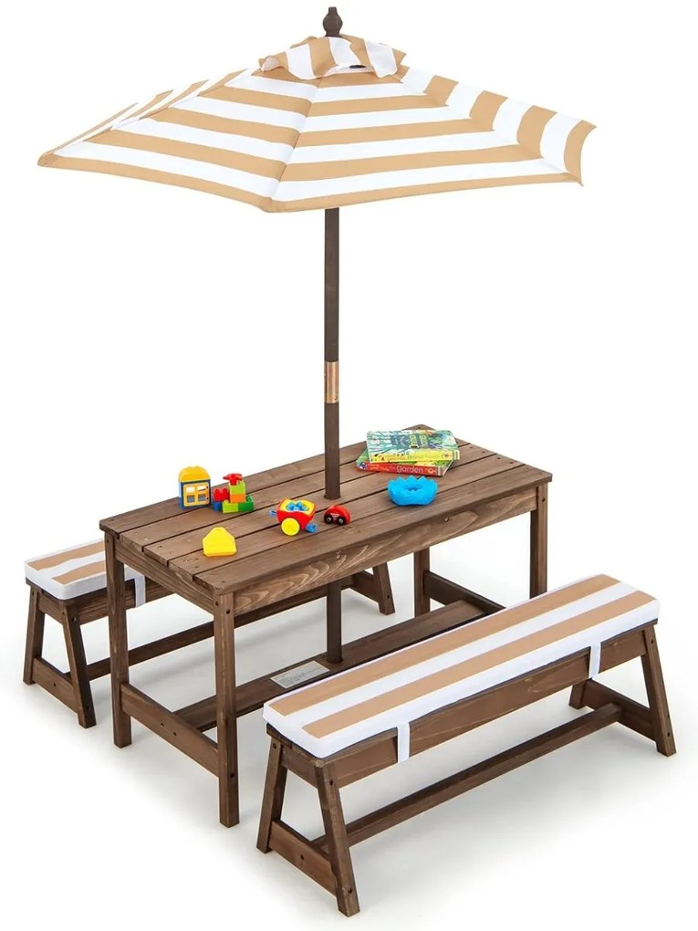 Mesa de piquenique infantil com guarda-sol Conjunto de mesa e banco de madeira com almofadas para exterior, jardim e pátio Castanho