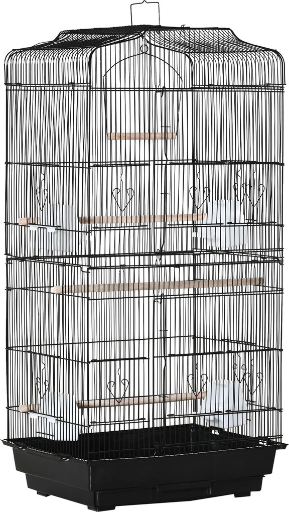 PawHut Gaiola para Passáros Gaiola de Metal com Portas 4 Comedouros 3 Poleiros Baloiço Bandeja Removível  46,5x35,5x92cm Preto | Aosom Portugal