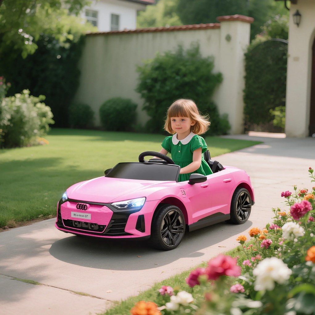 Carro Elétrico AUDI RS E-Tron GT 12V com 2 Motores Faróis LED Buzina Música USB 3-5km/h 103x58x41 cm Rosa