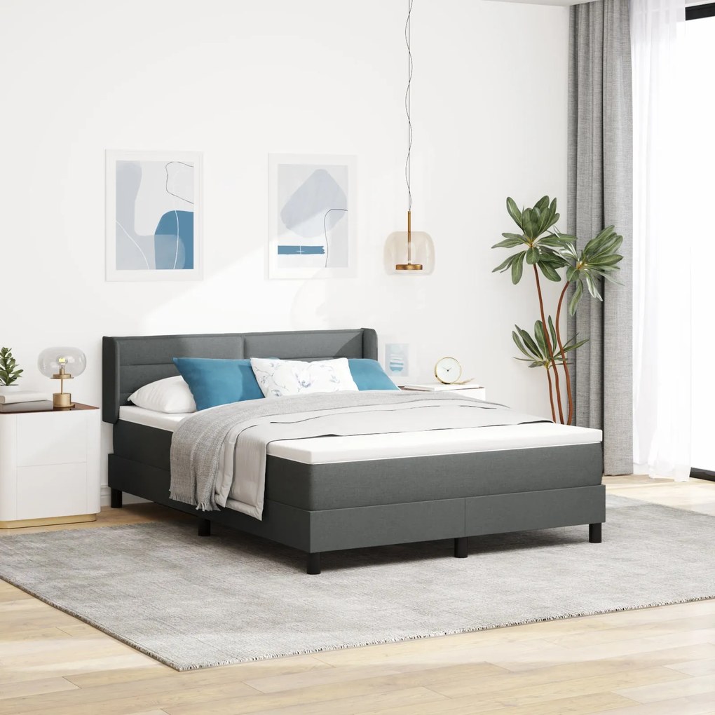 Cama Box com Colchão Cinza Escuro 140x200 cm Tecido, Cabeceira com Des