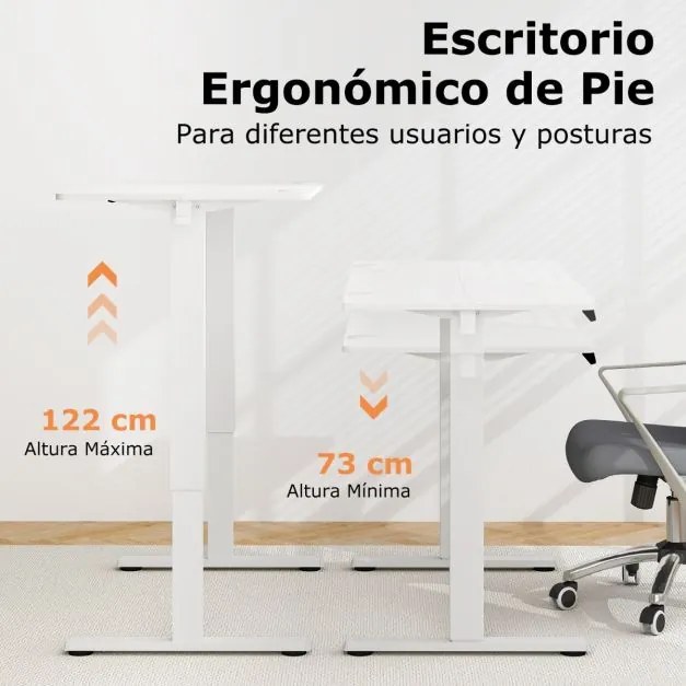 Secretária eléctrica de escritório com tampo de mesa 4 funções de memória 2 ganchos de suspensão 120 x 60 x 73-122 cm Branca