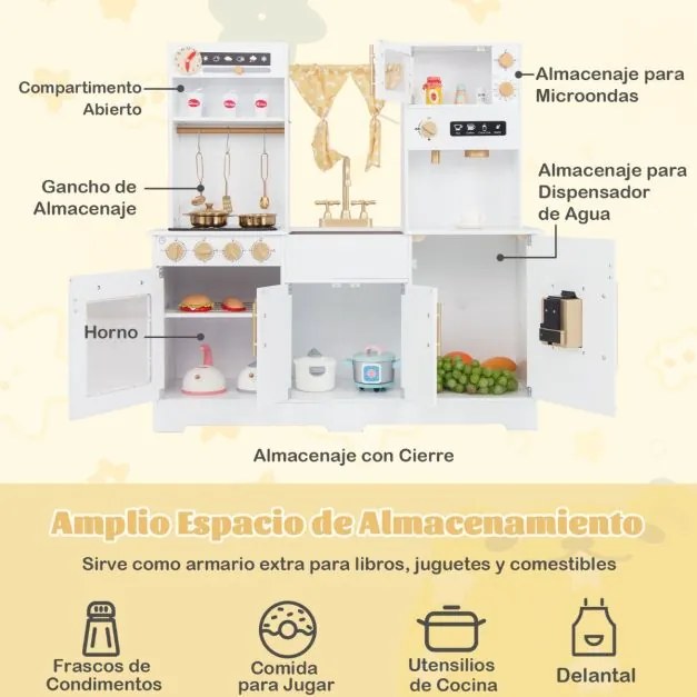 Cozinha de brincar para crianças com cafeteira Lava-loiça Torneira Fogão Dispensador de água Forno micro-ondas Forno Utensílios Cortina Sons e luzes B