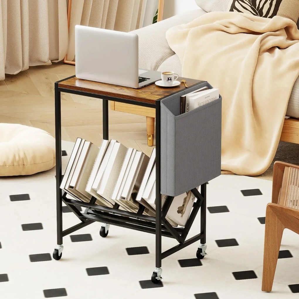 Suporte para gira-discos com armazenamento 49,5 x 30 x 64 cm para discos de vinil e revistas com rodas Castanho