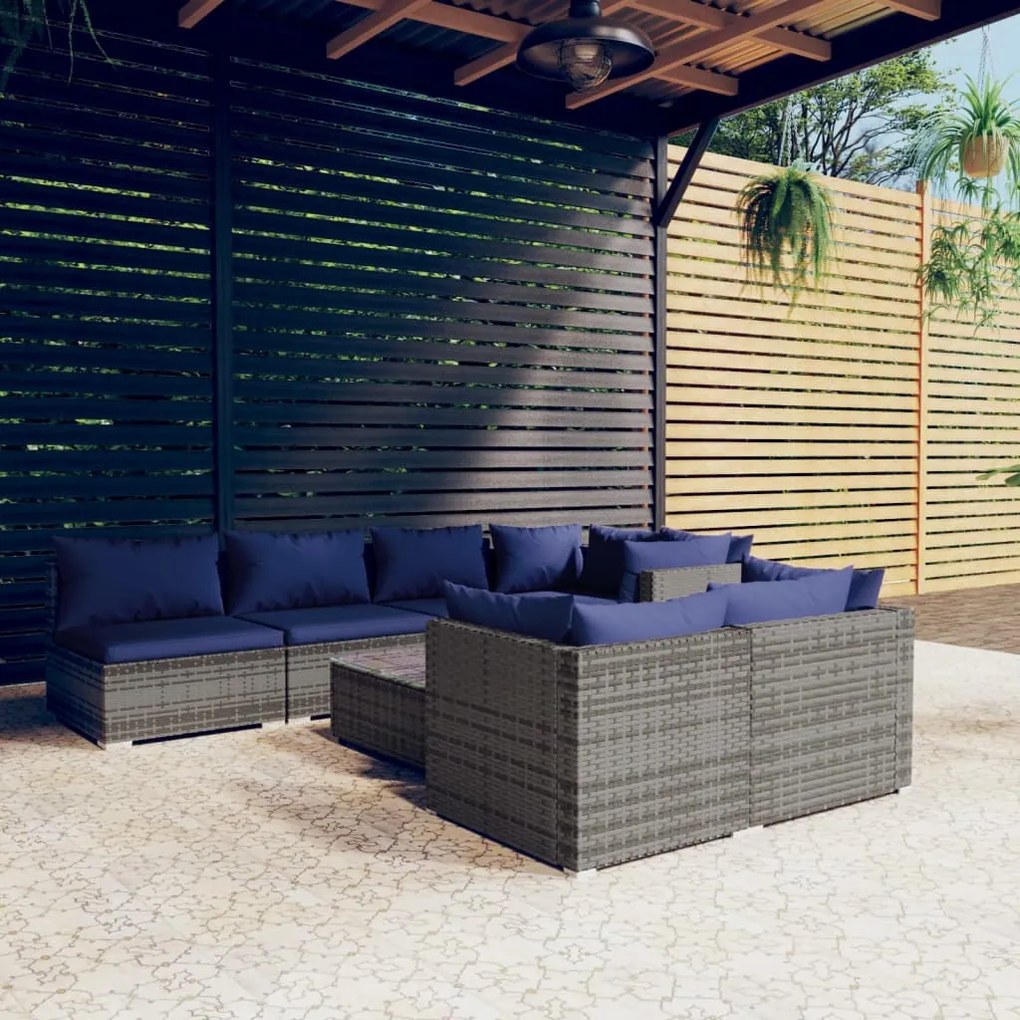 8 pcs conjunto lounge de jardim c/ almofadões vime PE cinzento