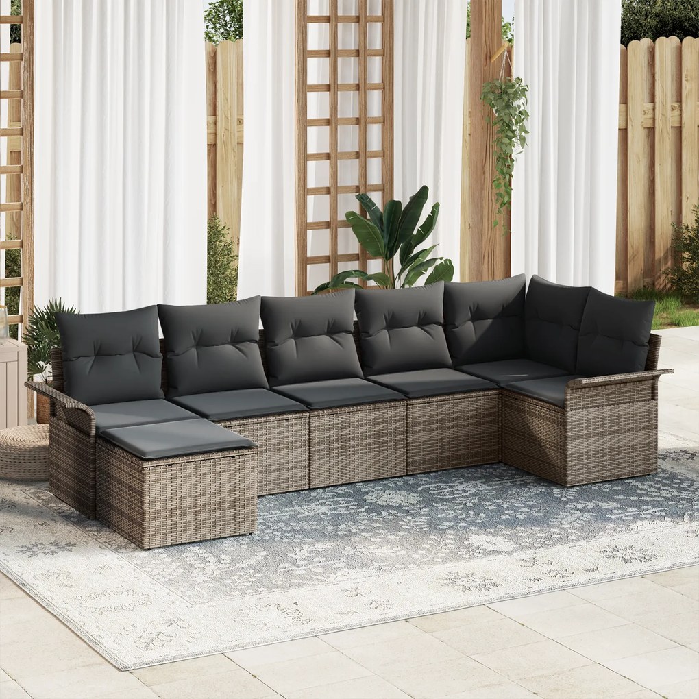 vidaXL Conjunto de Sofá de Jardim de 7 Peças com Almofadas Cinza Rattan Poliéster