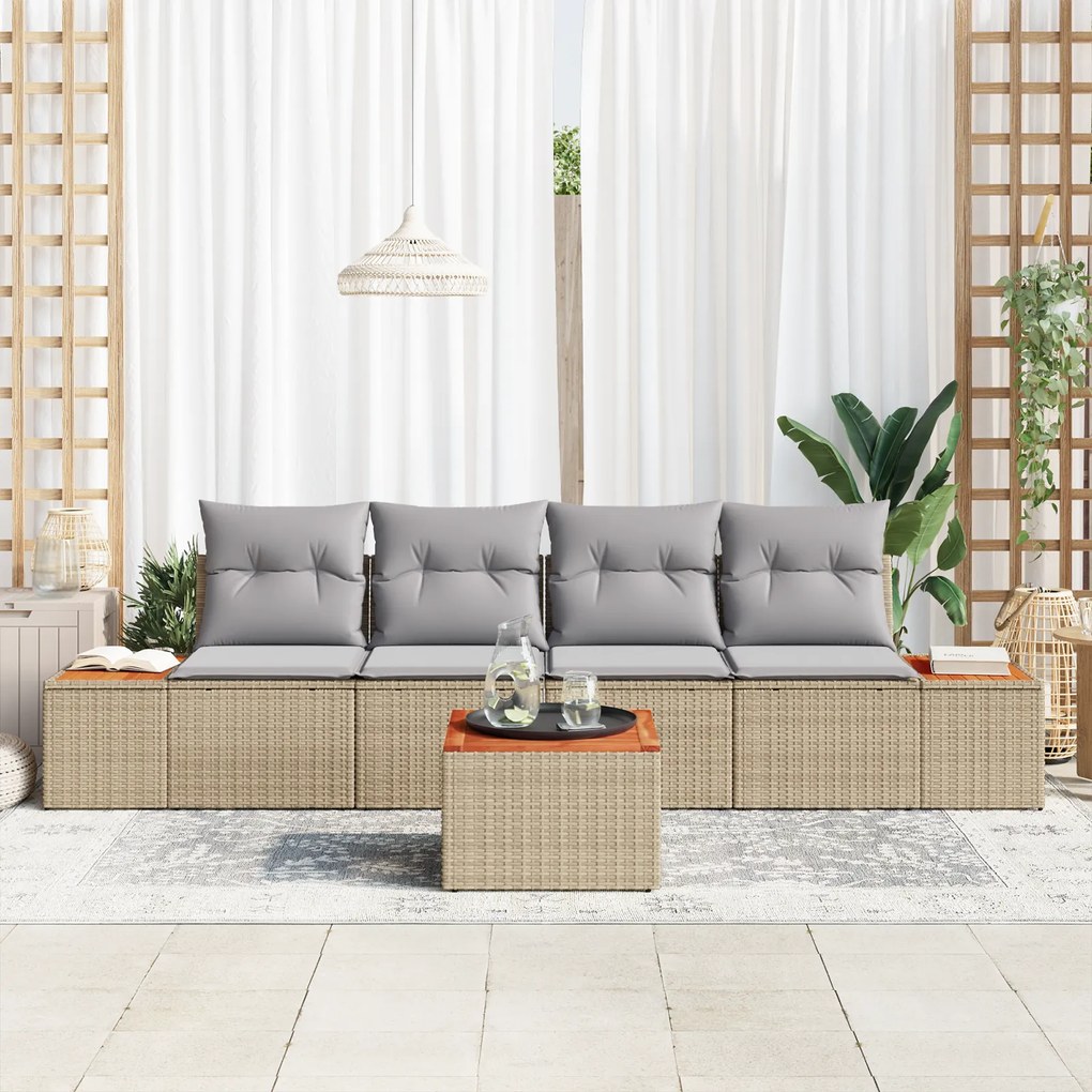 Conjunto de Sofá de Jardim vidaXL 5 Peças com Almofadas Bege Rattan Po