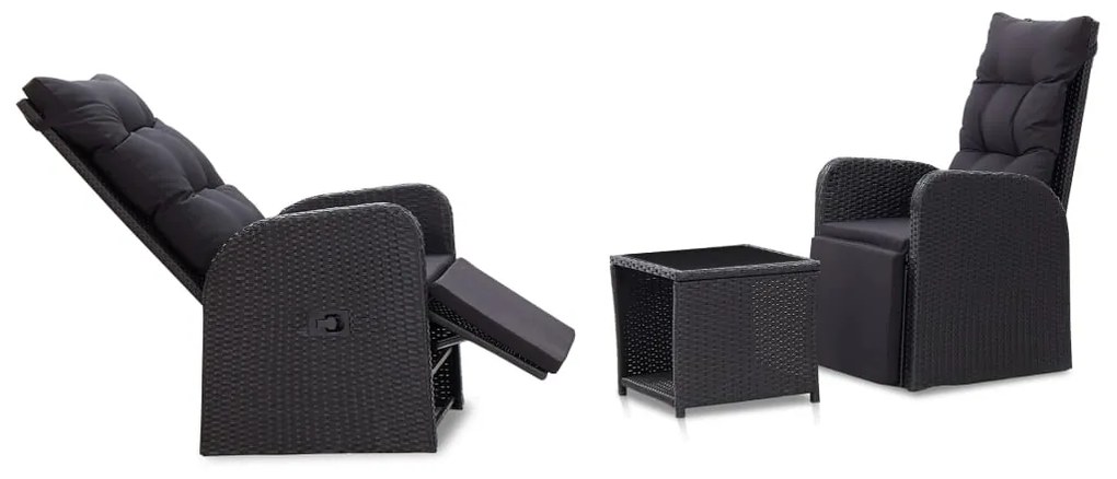 46067 vidaXL 3 pcs conjunto bistrô com almofadas vime PE preto