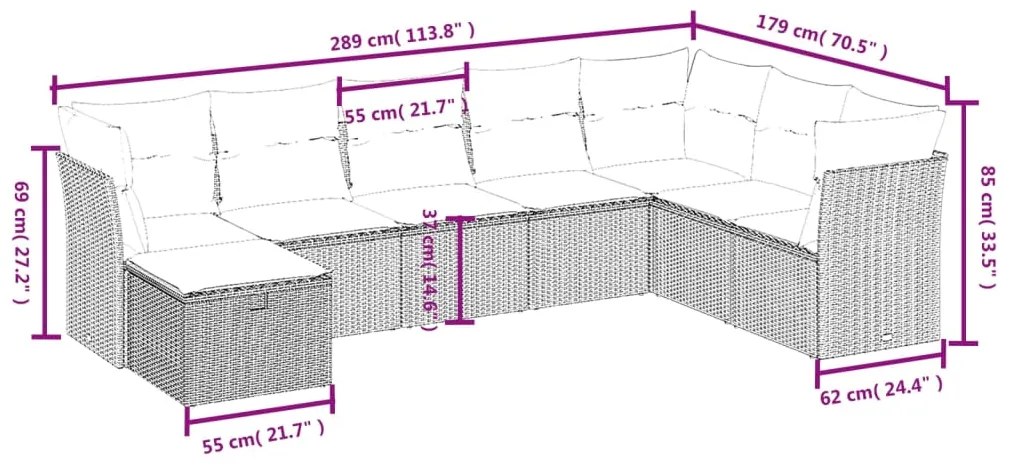 8 pcs conjunto sofás de jardim c/ almofadões vime PE castanho